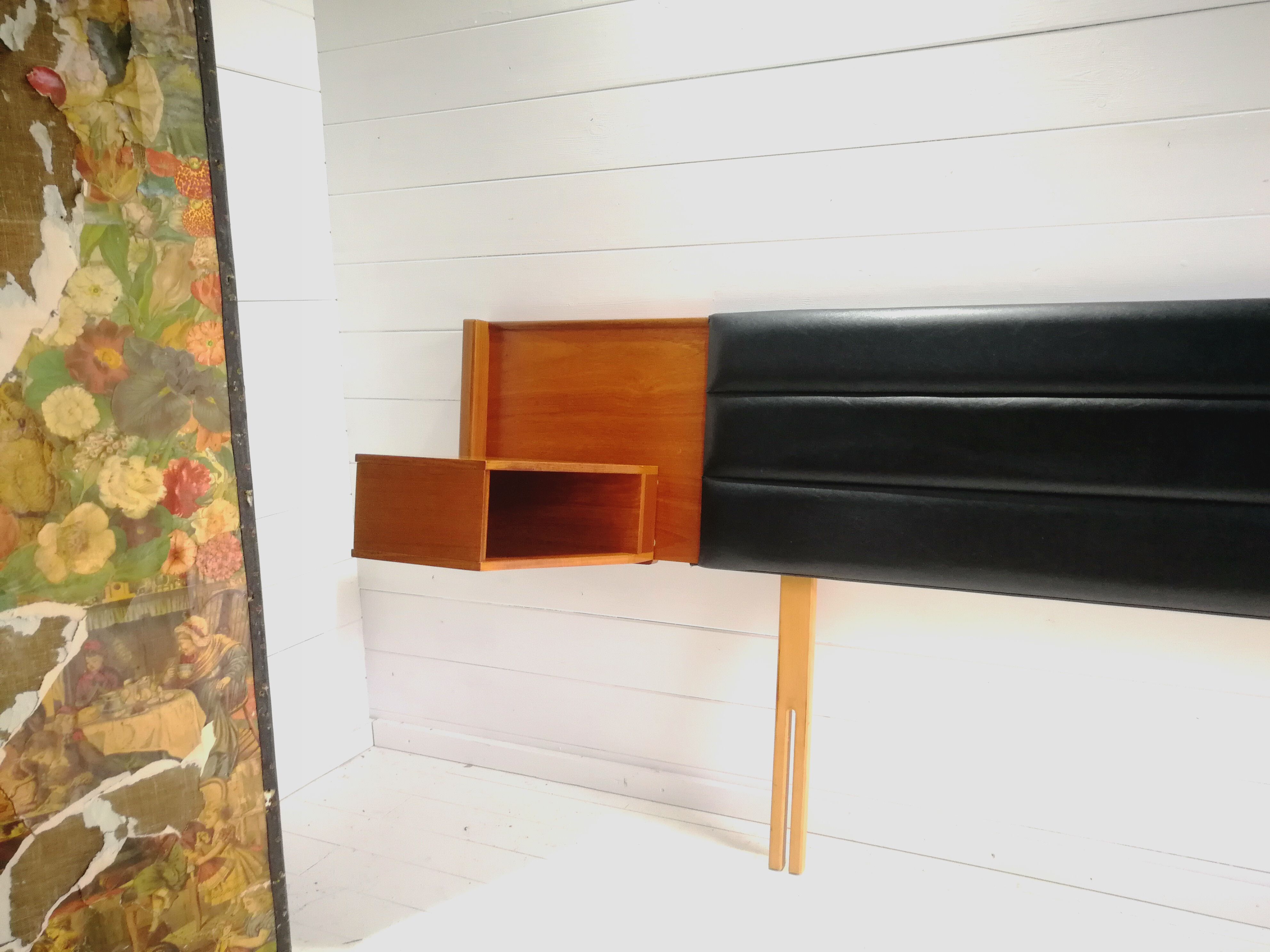 Mid century 1970s retro teak headboard with two hinged bedsides, upholstered in black by 'slumberlan
