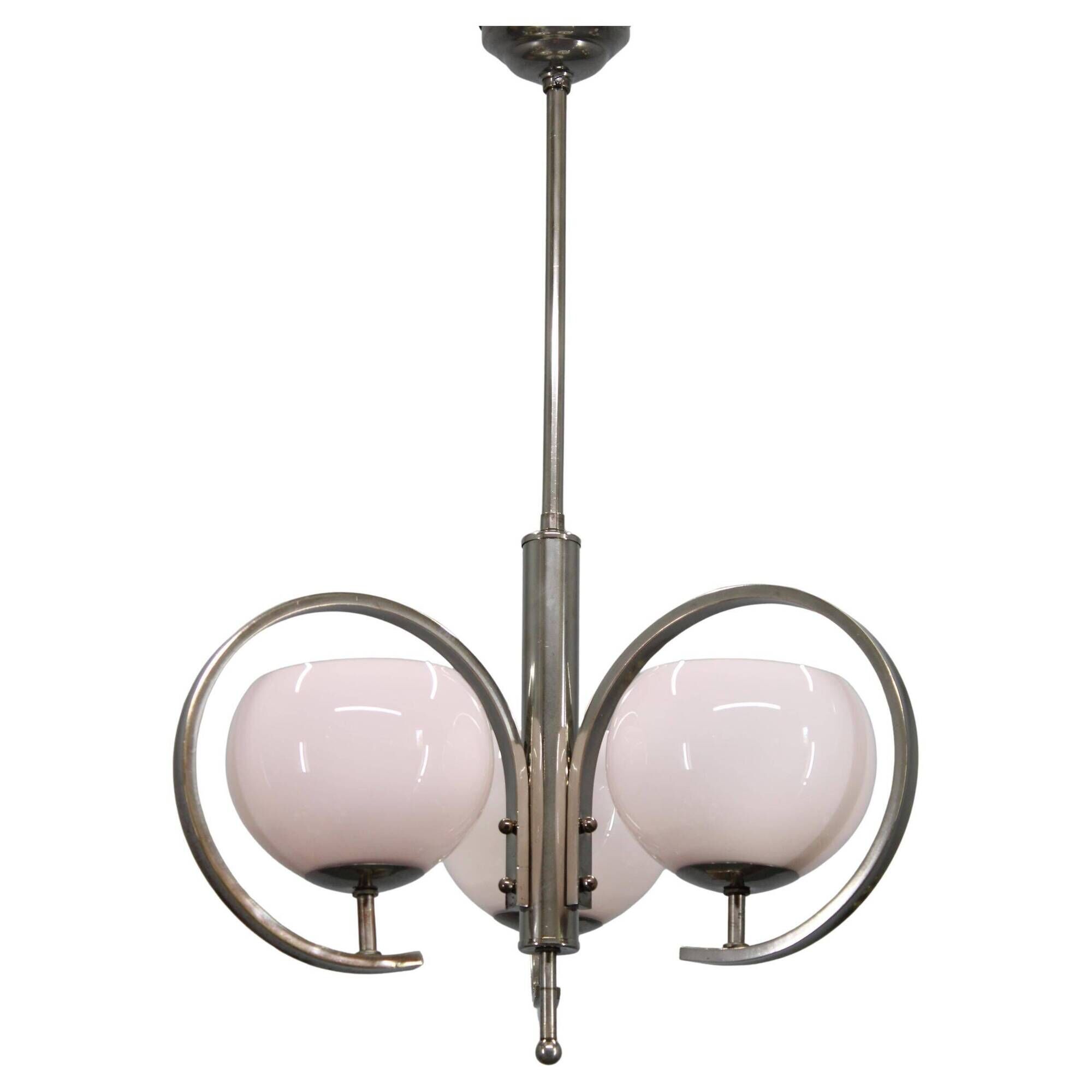 Art Deco nickel chandelier with light-pink opaline shades, Czechoslovakia, 1930s