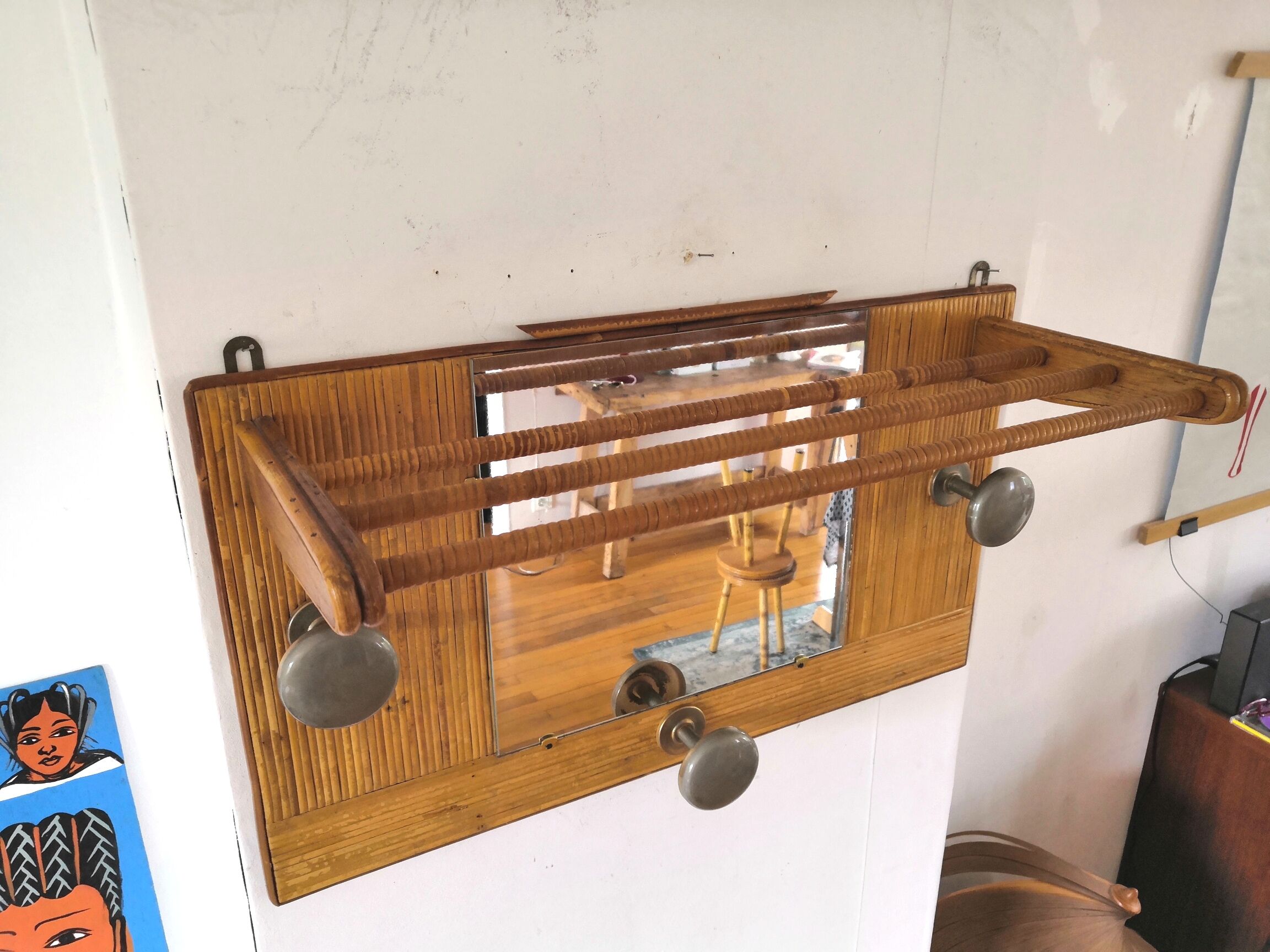Wardrobe wall coat holder in rattan and steel design 50s - 60s