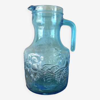 Carafe vintage en verre moulé bleu fidenza vetraria italy