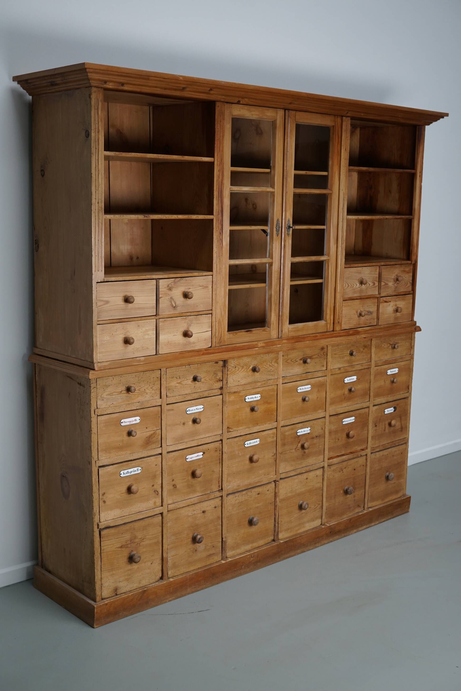 Large antique German pine apothecary cabinet / vitrine early 20th century