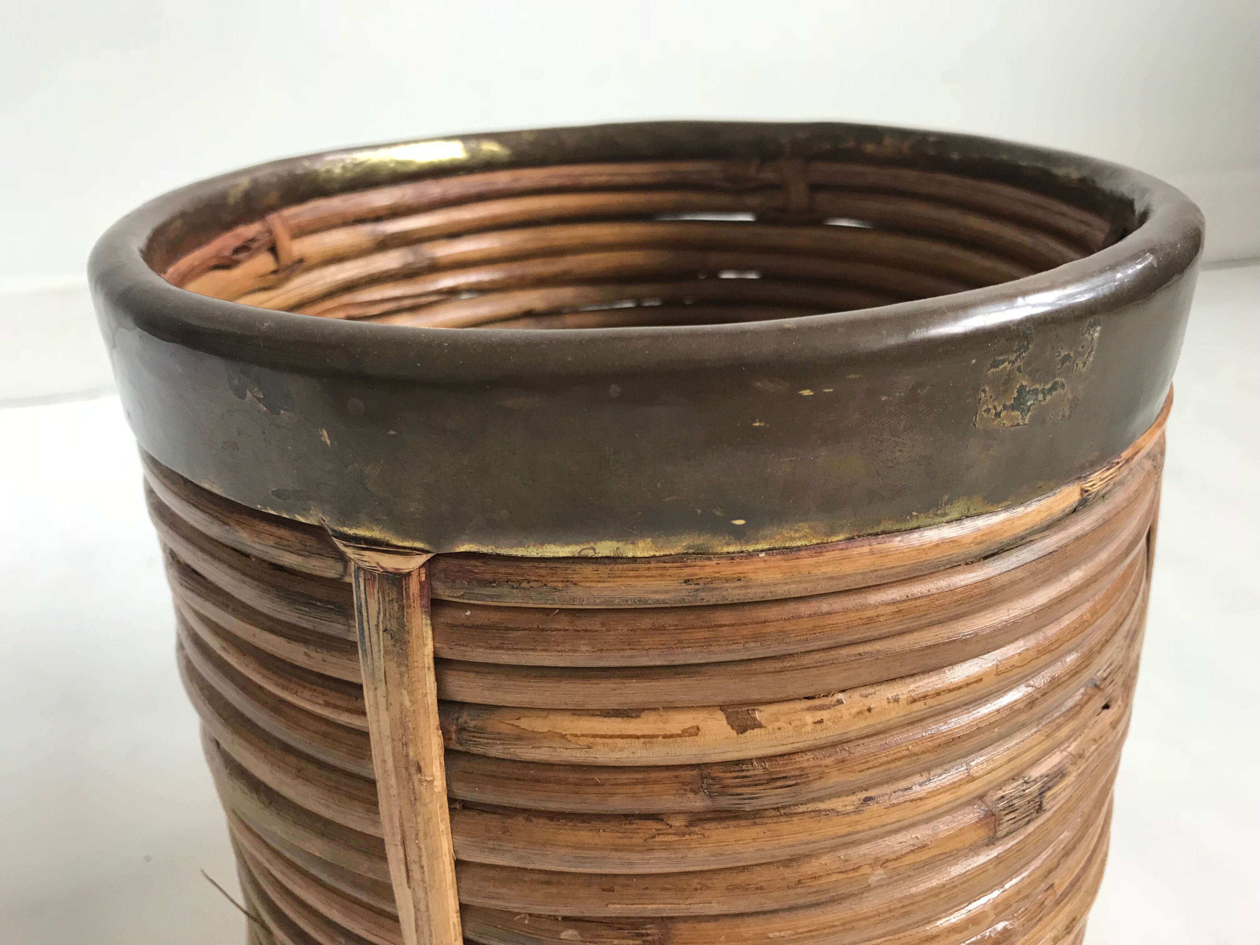 Rattan and brass planter