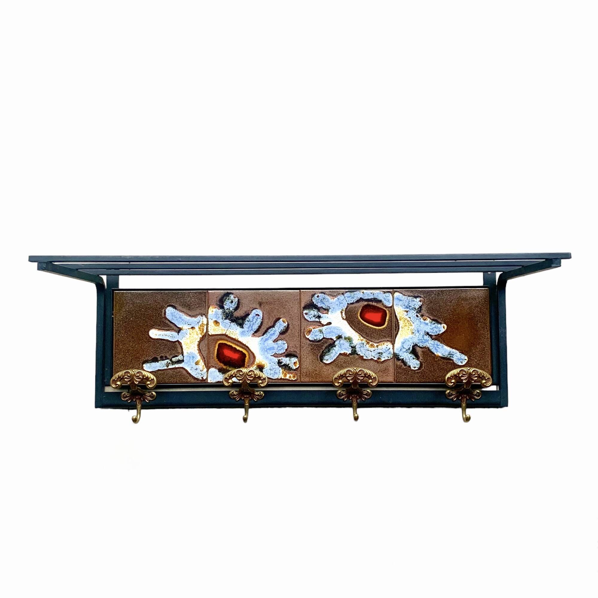 Vintage wall-mounted coat rack in steel, brass and ceramic
