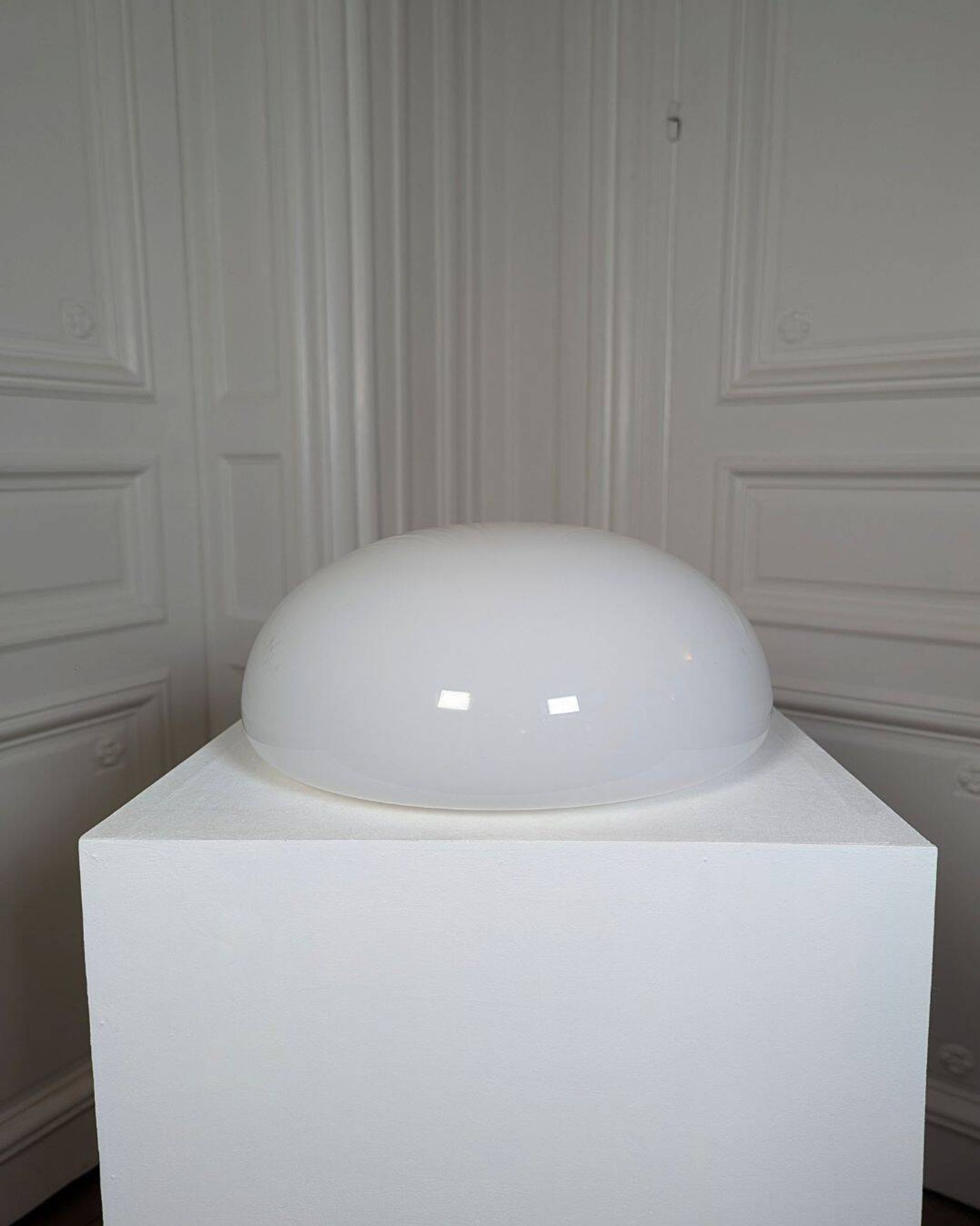1970s “Mushroom” designer lamp in opaline glass and ABS base.