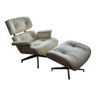 Armchair and Footrest / Lounge Chair & Ottoman - Cream Leather and White Fresne