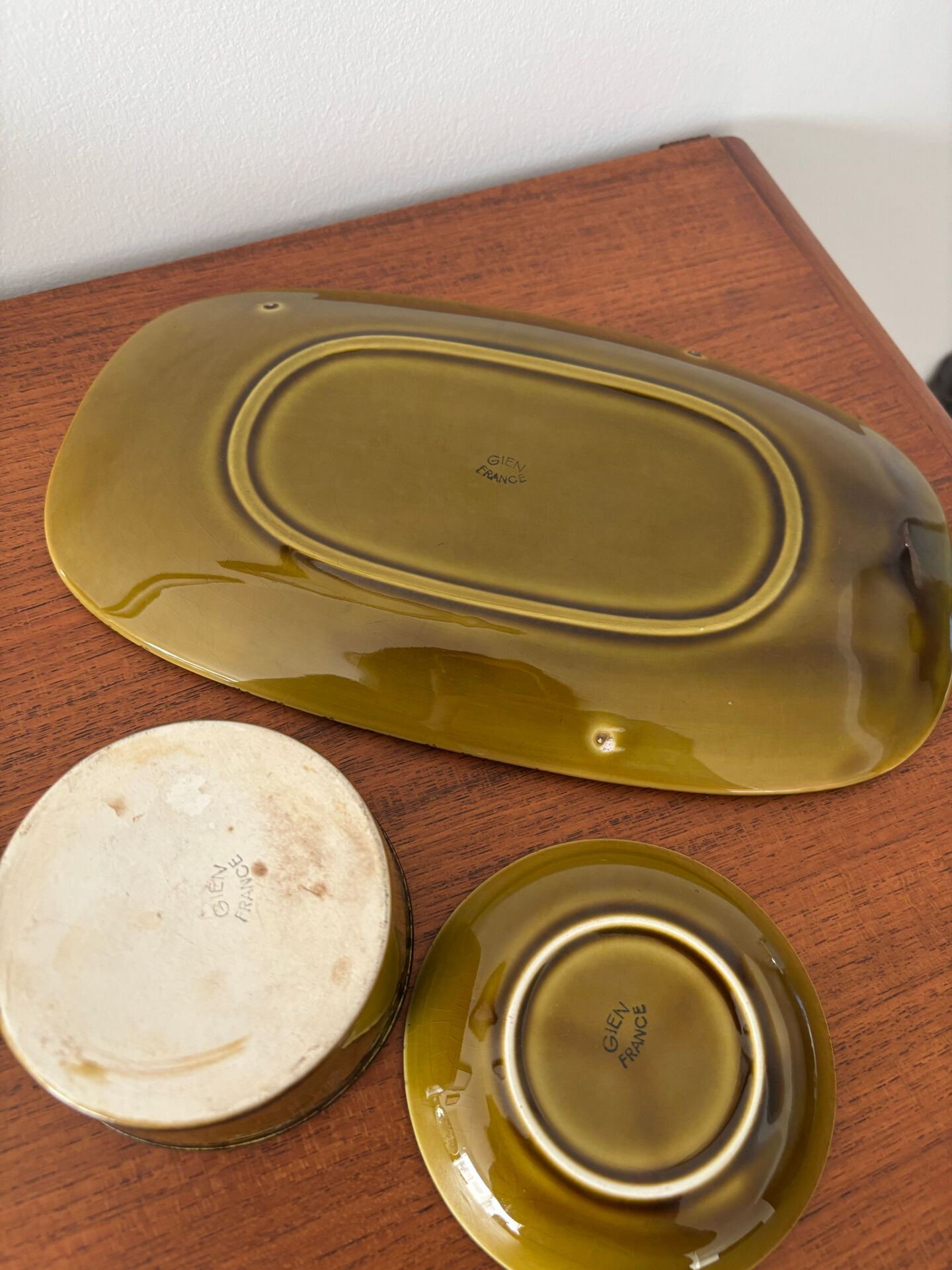 Vintage ceramic set Gien khaki serving dish and 2 ramekins.
