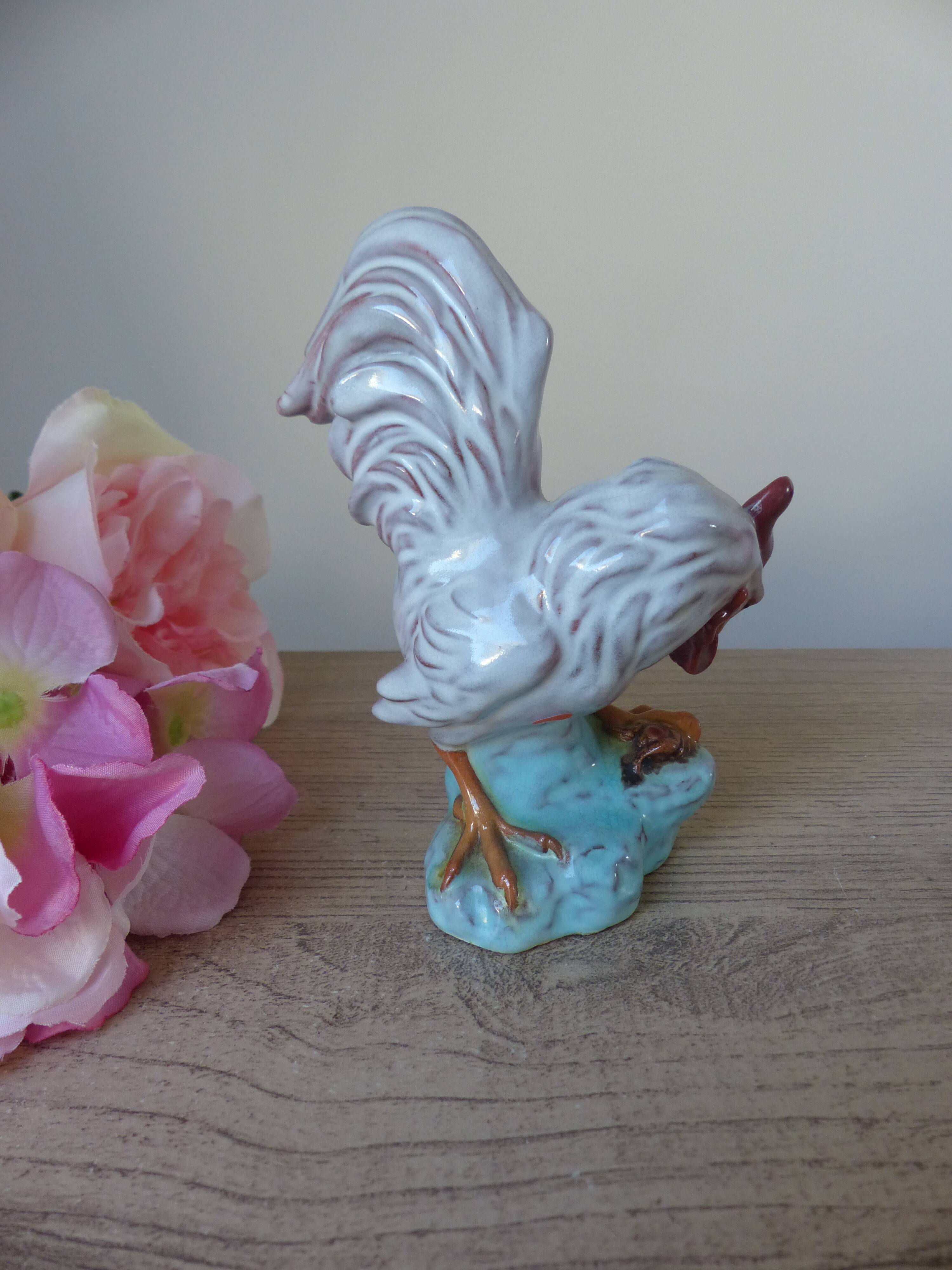 Pottery rooster figurine, rooster statuette, vintage country house decoration