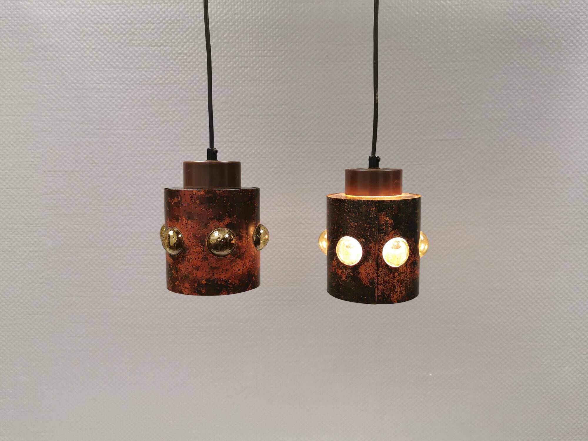 Two beautiful hanging lamps made of thin copper with inlaid glass 1970-80s