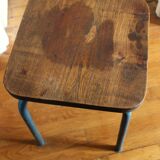 Industrial stool sitting wood feet metal blue metal feet
