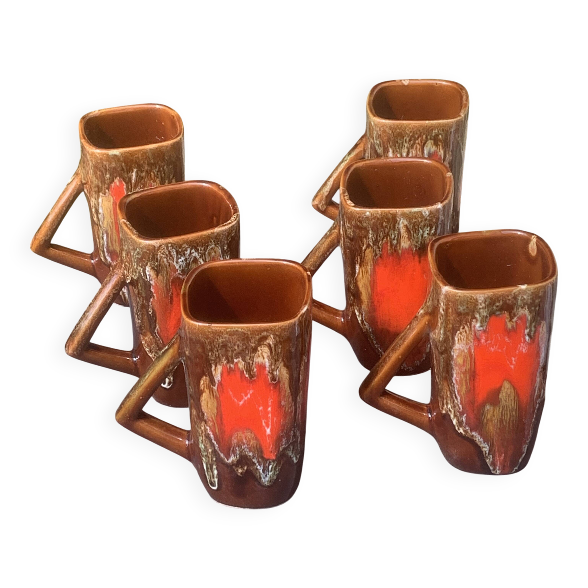 6 enamelled ceramic mugs, red and brown, Vallauris, vintage and designer