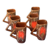 6 enamelled ceramic mugs, red and brown, Vallauris, vintage and designer