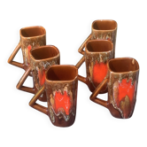 6 mugs en céramique émaillée, rouge et marron, Vallauris, vintage et design