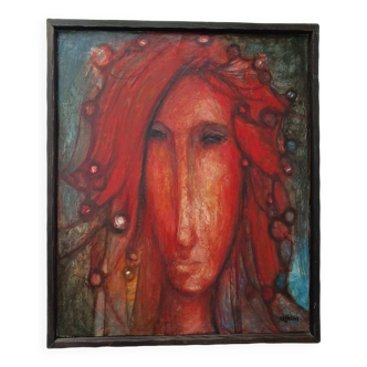 René cazassus "princesse rouge" tableau huile sur toile portrait de femme