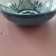 barbotine style salad bowl with blue floral pattern