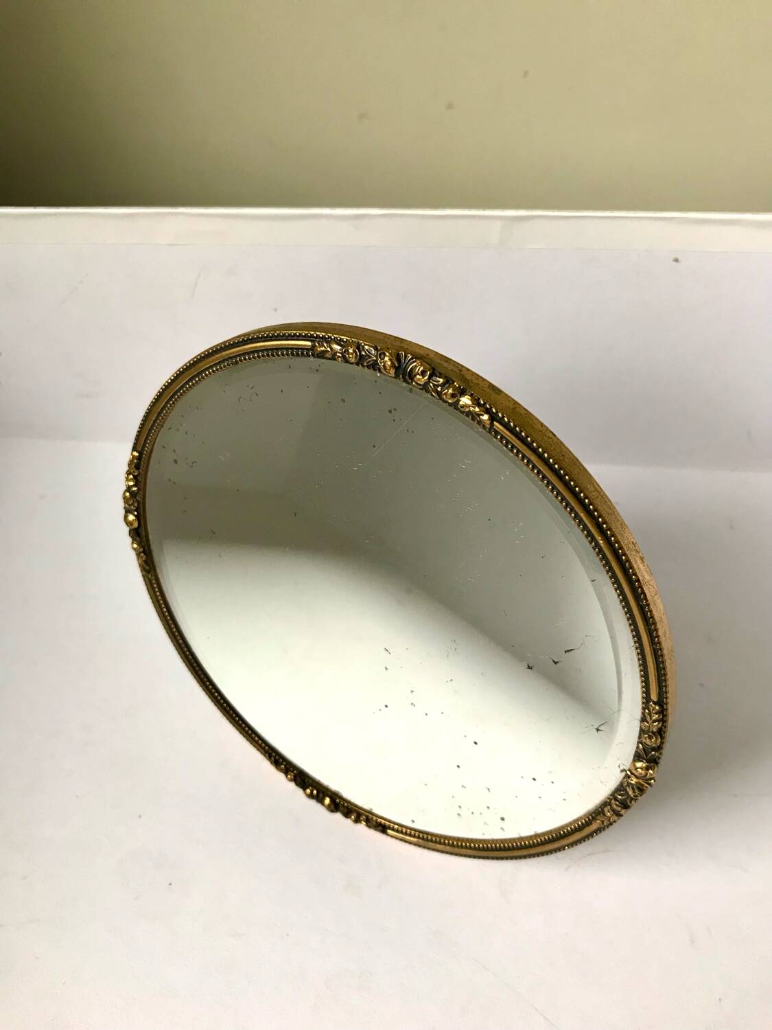 Antique Beveled Mirror with Metal frame Gold colored brass 14 cm diameter