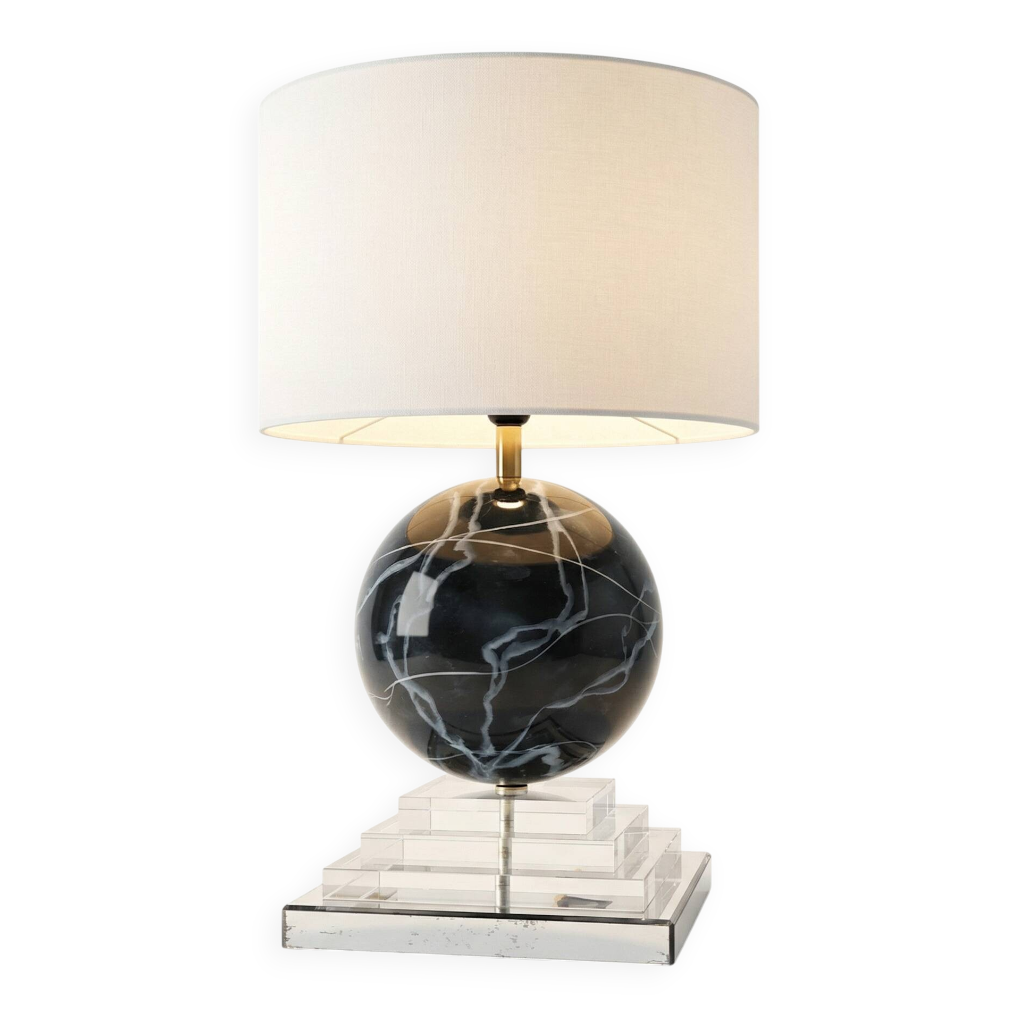 Architectural Stepped Lucite Lamp with Faux Marble Glass Sphere 1970s