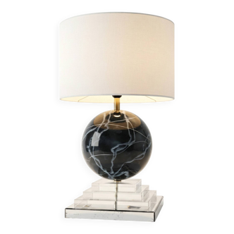 Architectural Stepped Lucite Lamp with Faux Marble Glass Sphere 1970s