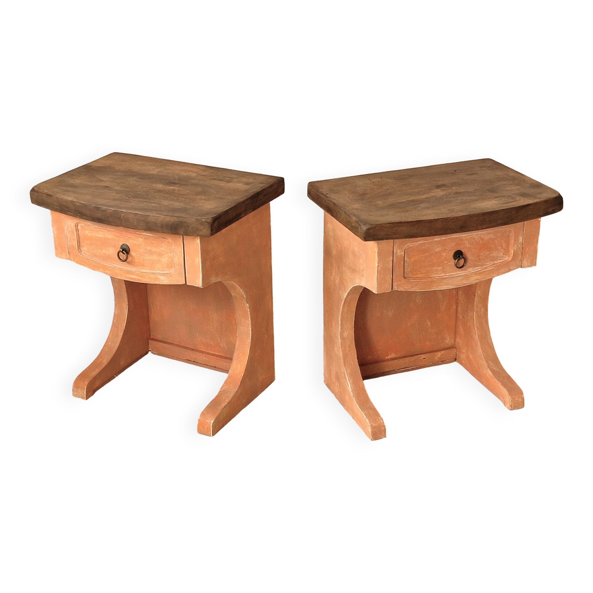 Pair of orange-pink patinated bedside tables