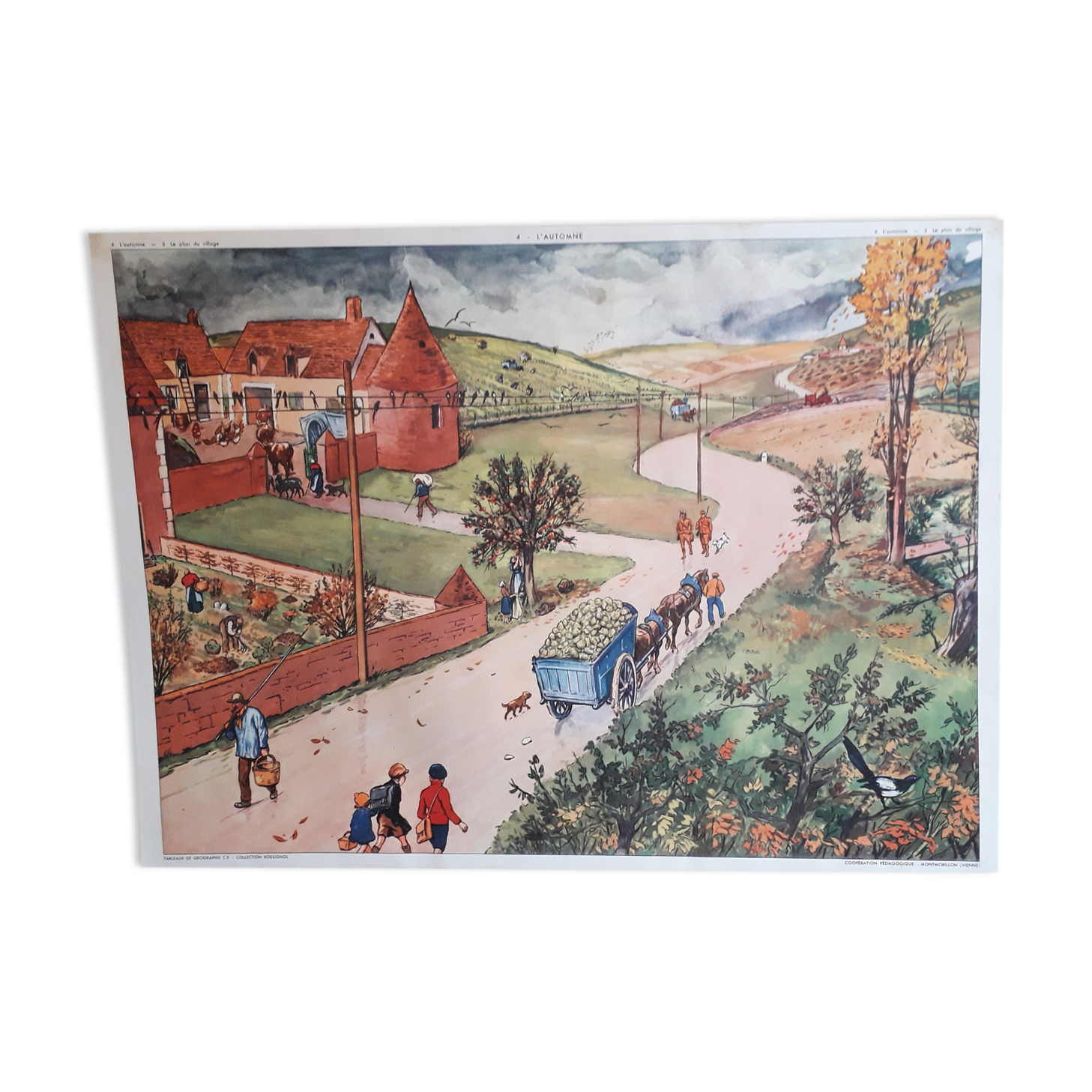 50s school poster Rossignol collection, autumn-the village plan