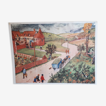 Affiche scolaire années 50 collection Rossignol, l'automne-le plan du village