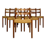 1960s Set of 6 Danish Teak Papercord Dining Chairs Model 84 by Niels Møller