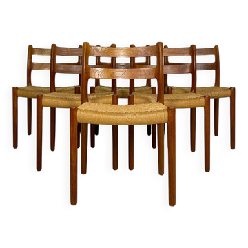 1960s Set of 6 Danish Teak Papercord Dining Chairs Model 84 by Niels Møller
