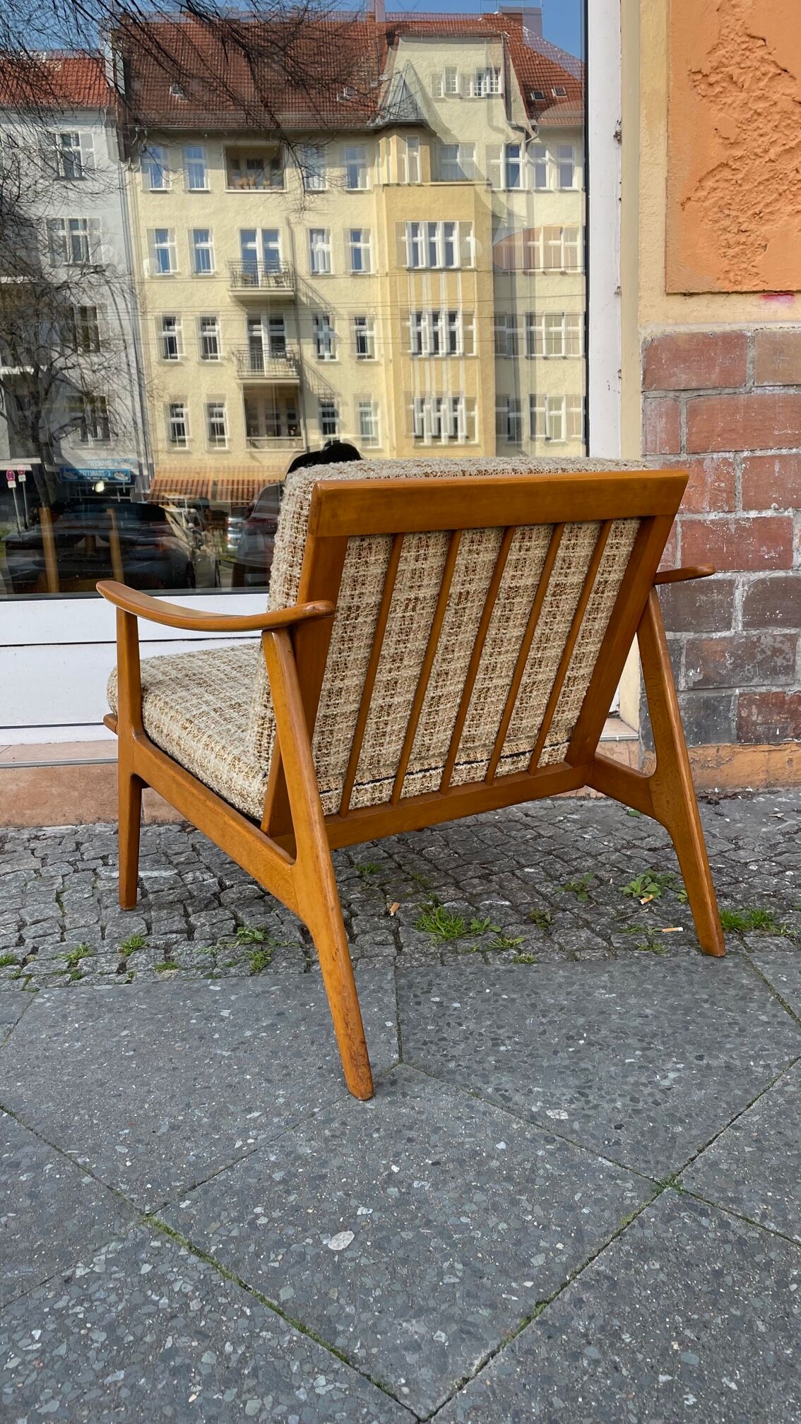 Scandinavian armchair in wood and wool 60s