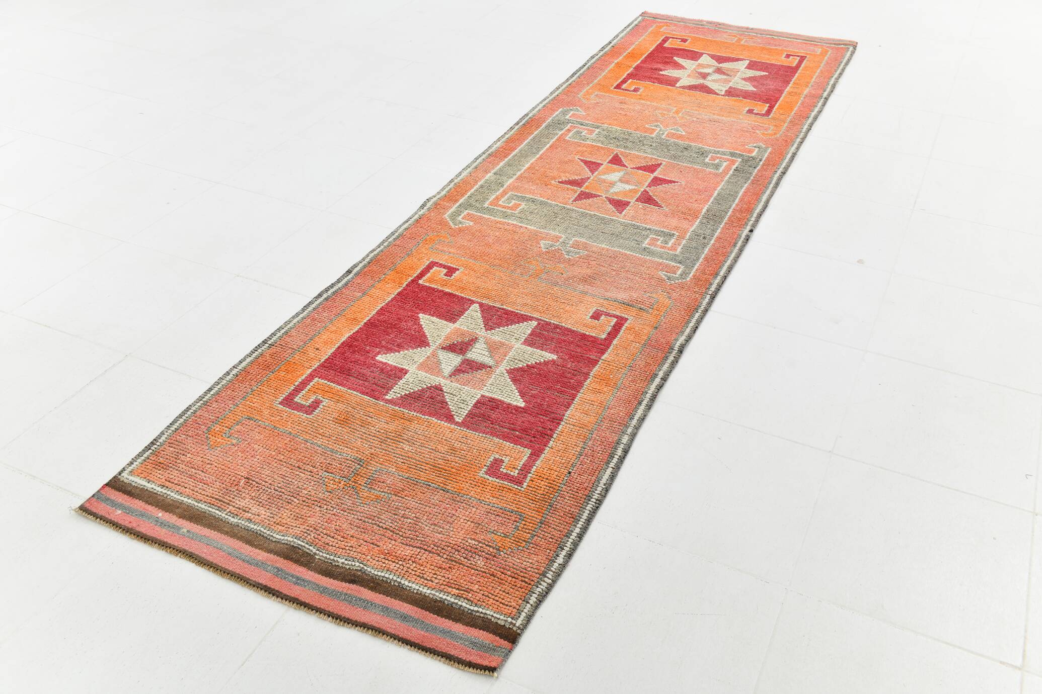 3x11 Crimson & Grey Boho Hallway Rug, Handmade Turkish Wool Rug, 93x342Cm