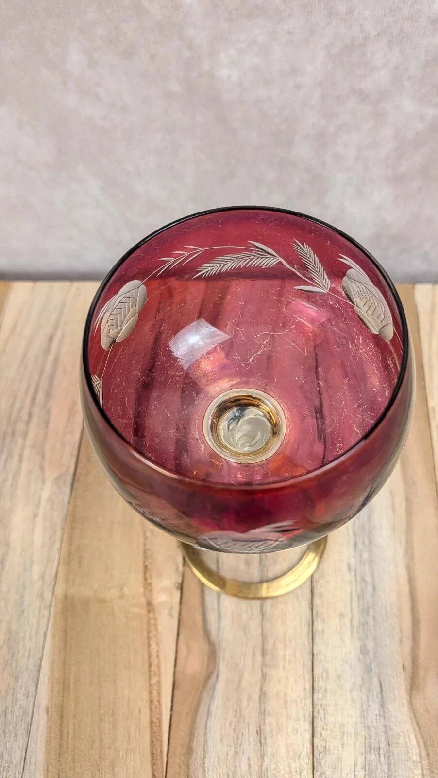 Antique fuchsia pink engraved glass – twisted stem