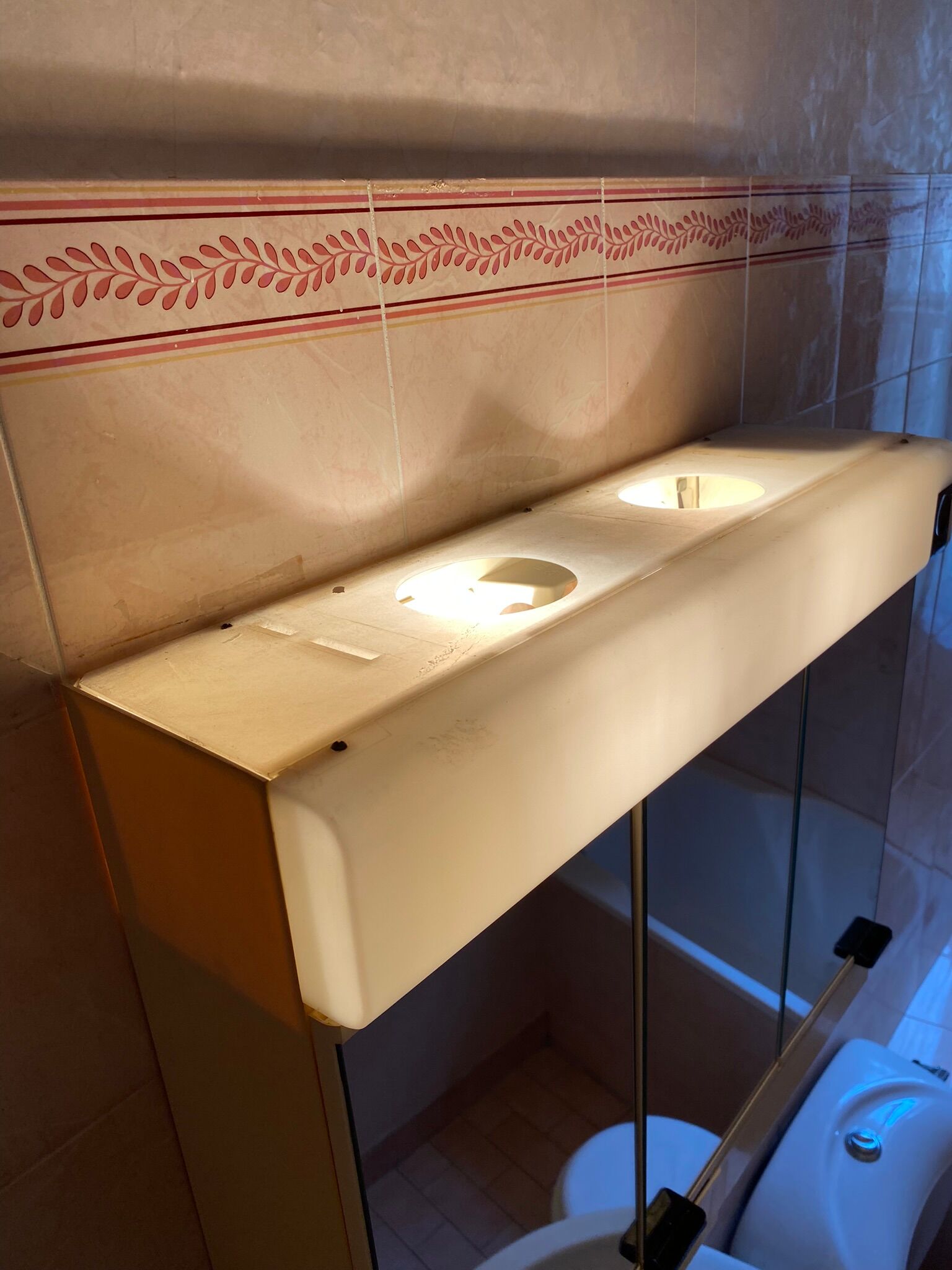 Allibert vintage toilet cabinet three mirror doors, two drawers, lamp