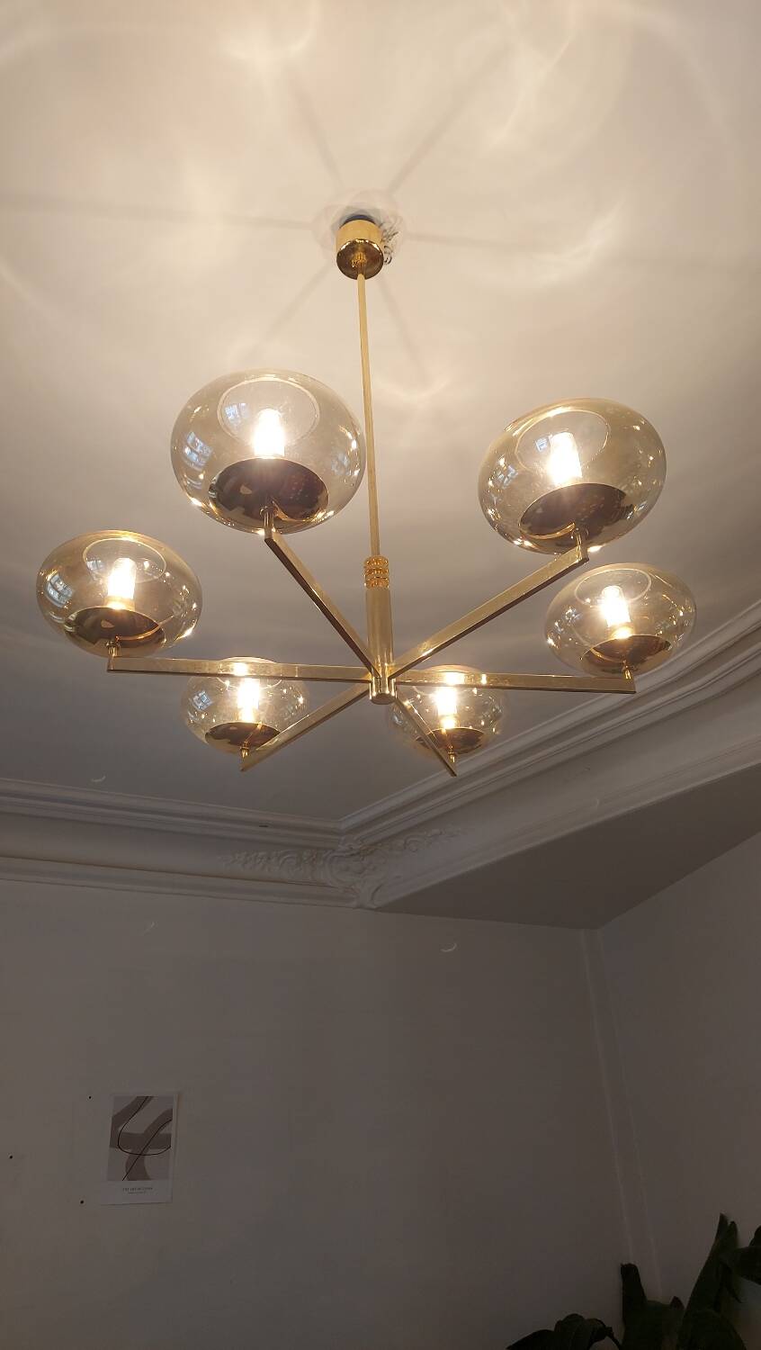 6-light chandelier by Italian designer Gaetano Sciolari gilded with fine gold and iridescent and light amber glass - 1970s - Vintage