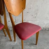 Set of 6 René-Jean Caillette Heart-Shaped Chairs, Bent Wood with Green & Burgundy Upholstery