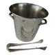 Silver metal ice bucket with its lion's pate tongs