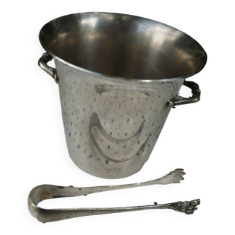 Silver metal ice bucket with its lion's pate tongs