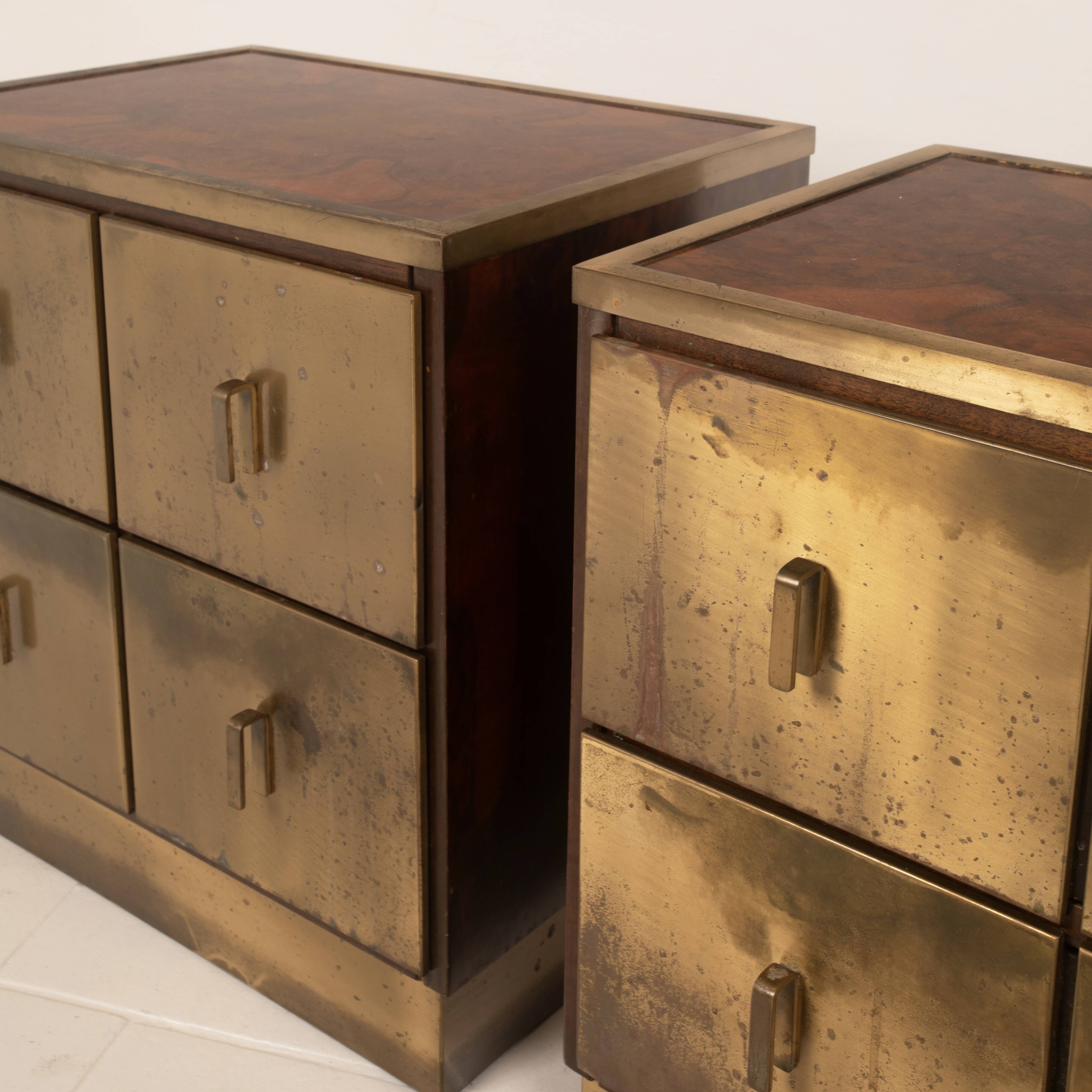 Aldo Frigerio Italian Walnut Burl and Gold-Laminated Brass Bagdad Nightstands