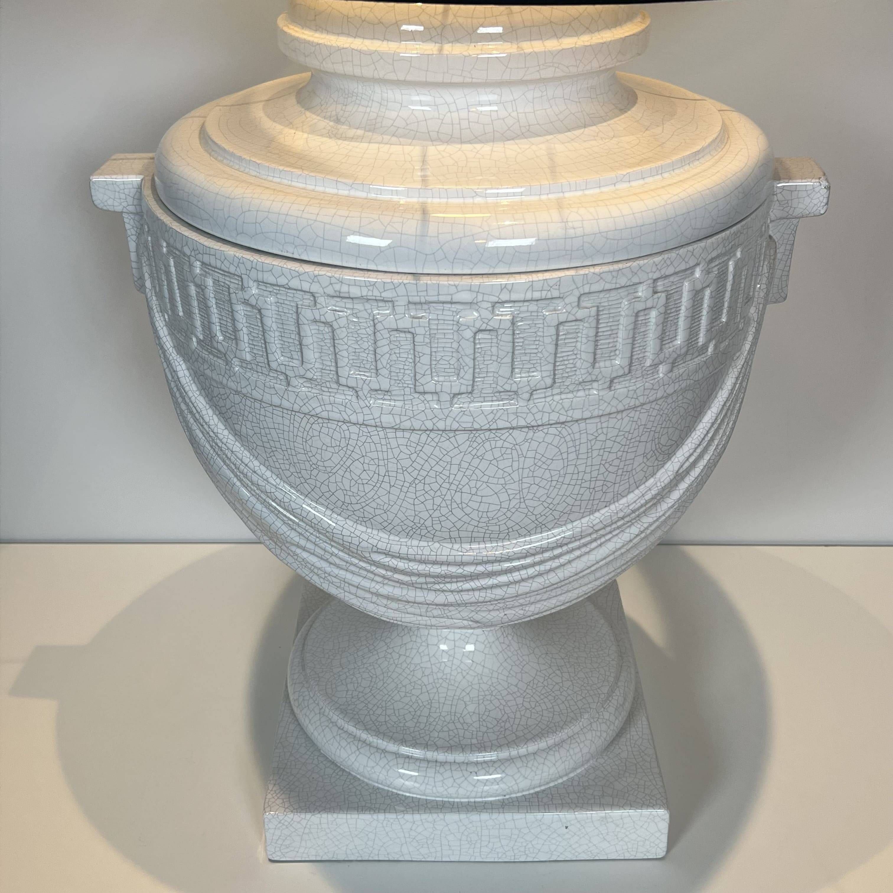 Large White Crackled Ceramic Urn Lamp with Drapery and Greek Frieze.