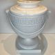 Large White Crackled Ceramic Urn Lamp with Drapery and Greek Frieze.