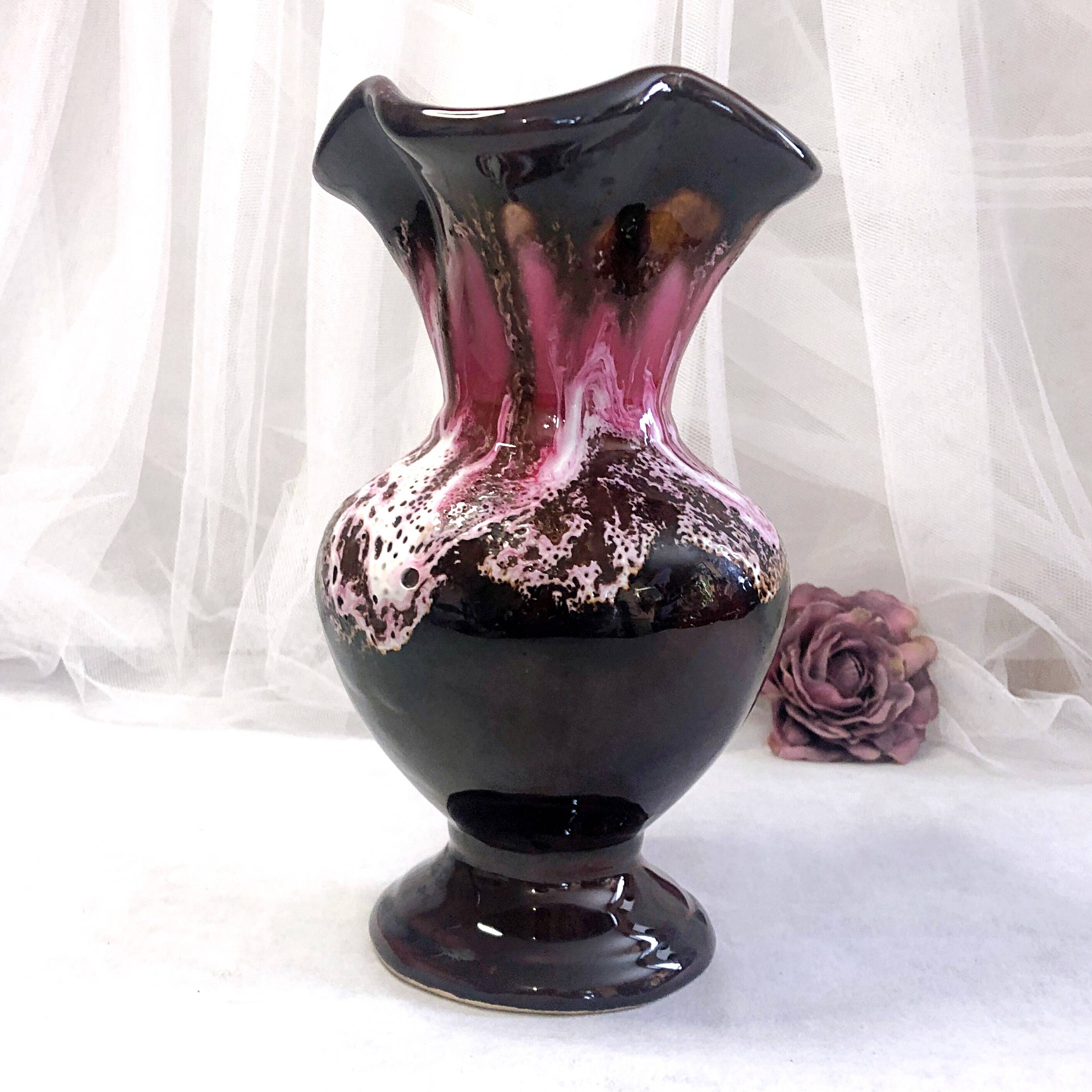 Seafoam tulipwood vase, brown and pink, Vallauris, signed PG