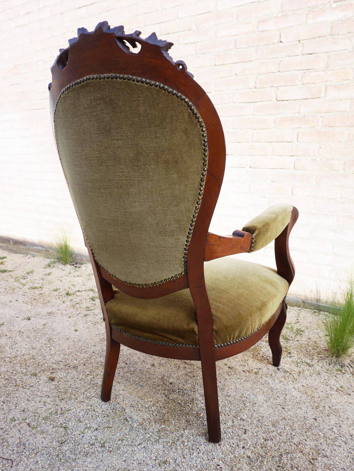 Mahogany Napoleon III Armchair with Carved Grapes  Decoration on Top, 1870s