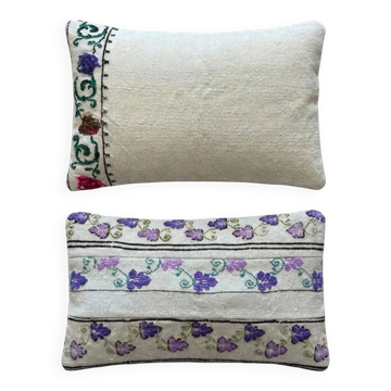 Set of 2 vintage embroidered cushion covers 36x61 cm