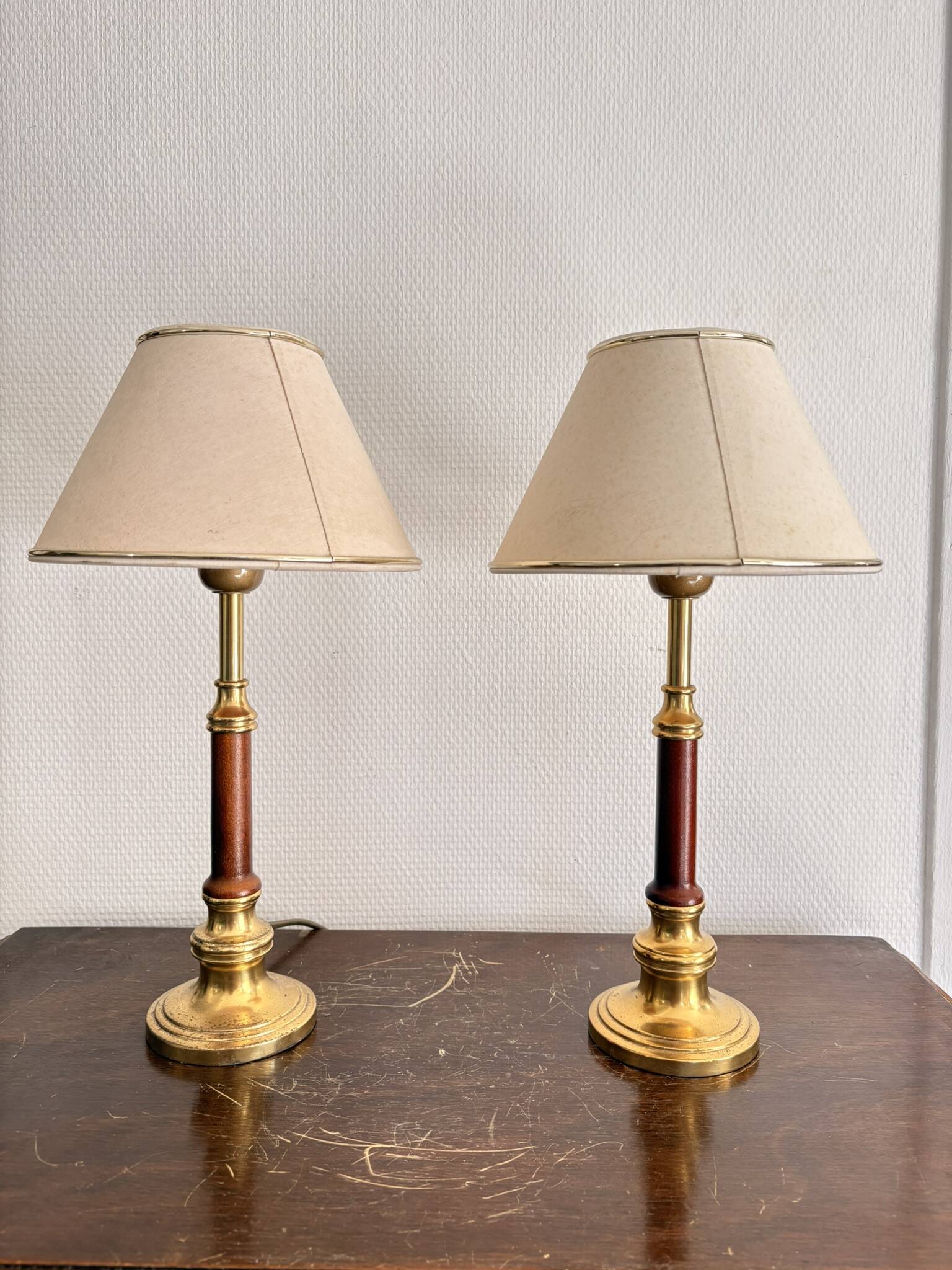 Pair of Brass-Gilded Bouillotte Lamps Vintage Wood Neo-Classical Shade