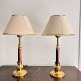 Pair of Brass-Gilded Bouillotte Lamps Vintage Wood Neo-Classical Shade