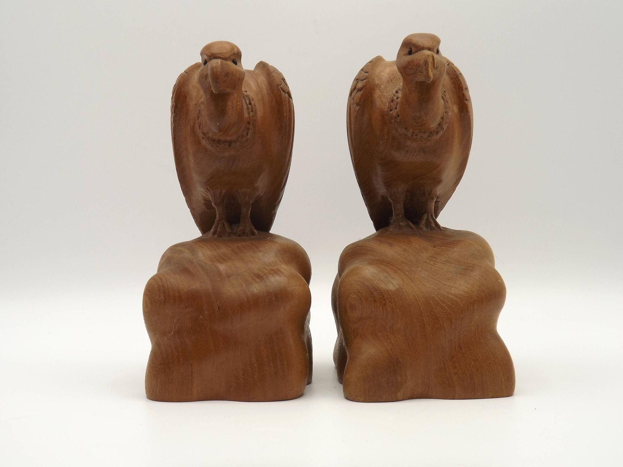 Unusual Pair of Vintage Hand-Carved Vulture on a Rock Wooden Bookends