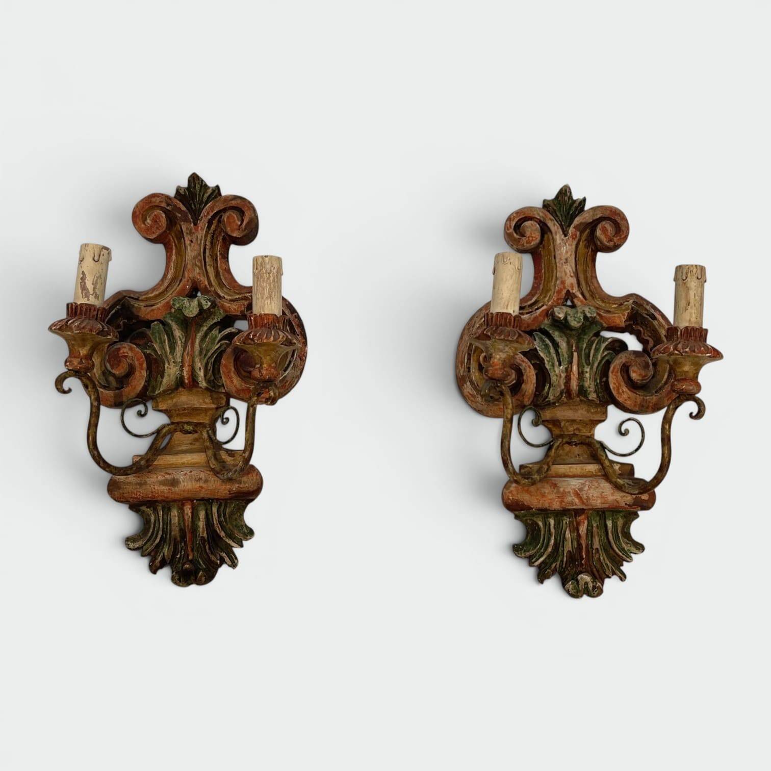 Pair of Polychrome Carved Wood Wall Lights with Vase and Acanthus. Arm in Iron.