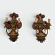 Pair of Polychrome Carved Wood Wall Lights with Vase and Acanthus. Arm in Iron.