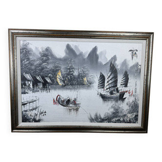 Large oil on canvas vintage painting Japanese style