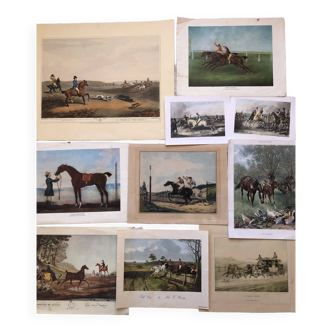 Lot 10 gravures xix & xx° thème course chevaux, chasse a courre, transport a cheval, jockey calèche