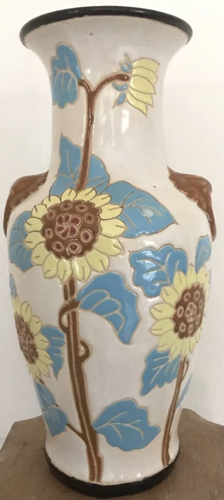 Glazed ceramic vase with polychrome decoration of sunflower flowers 36 cm