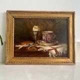 The boiled egg, still life in oil, 19th century.