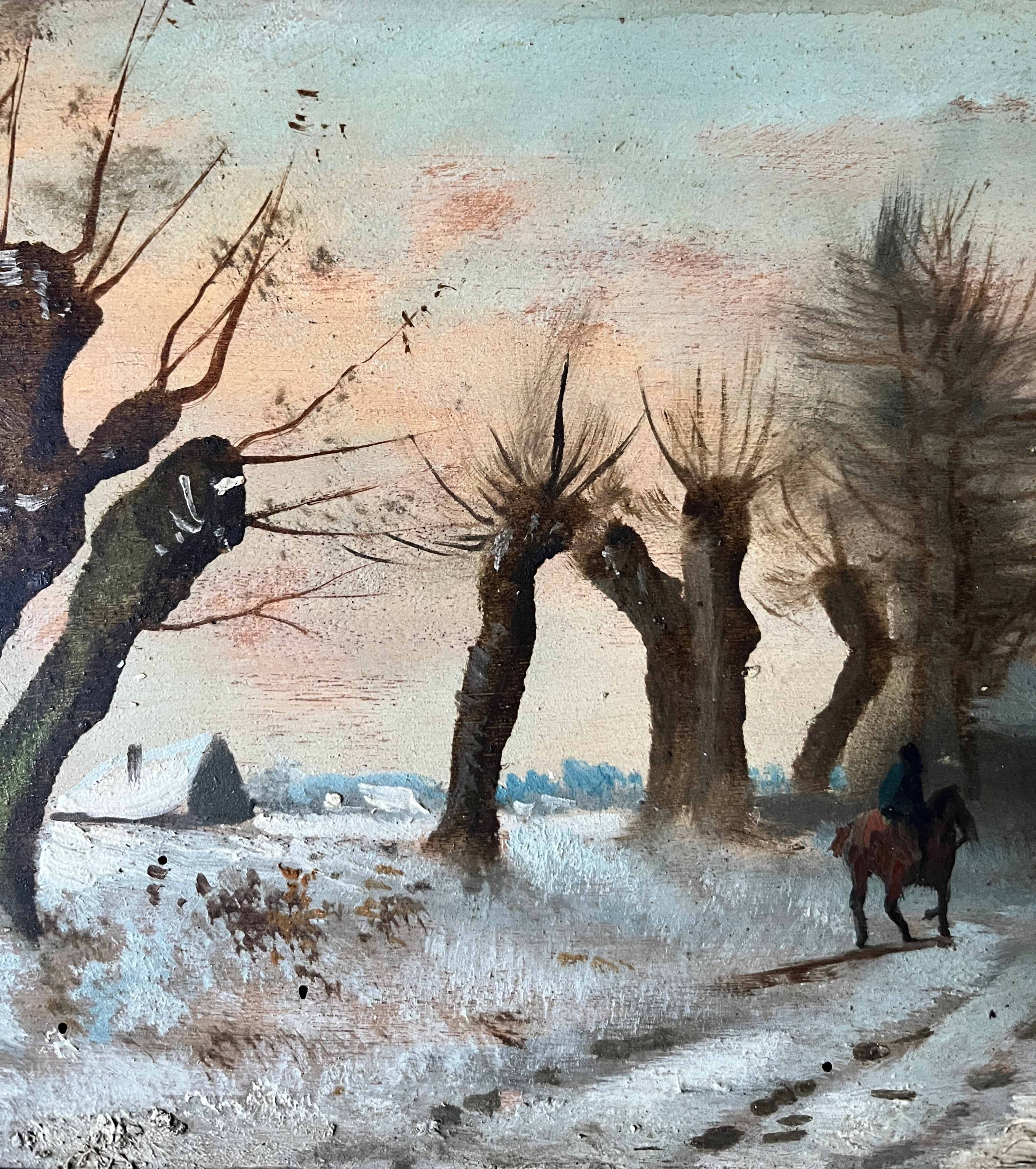 HST painting "Winter landscape with rider" signed Alberty XIX° + frame